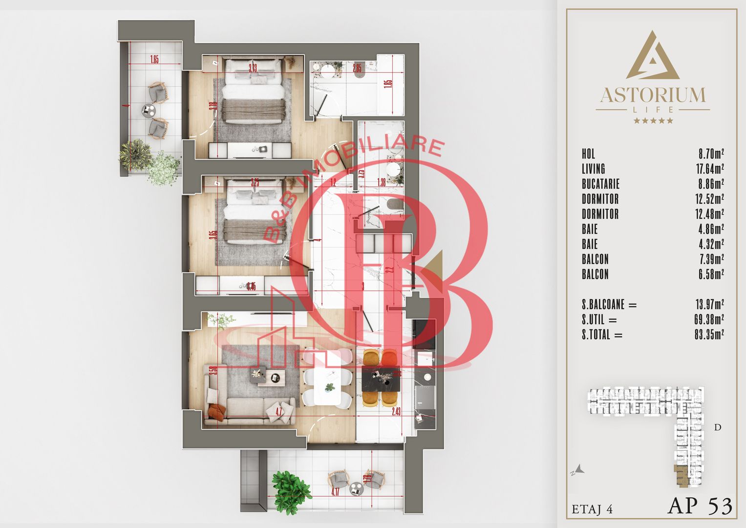3 camere izolatie fonica intre apartamente proiect premium - Schiță 2