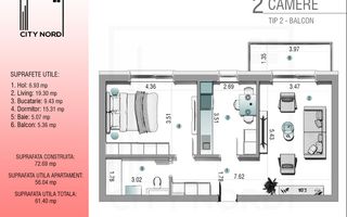 2 camere, 56 mp + balcon (Etaj 1 sau 2/3) - Poză 1