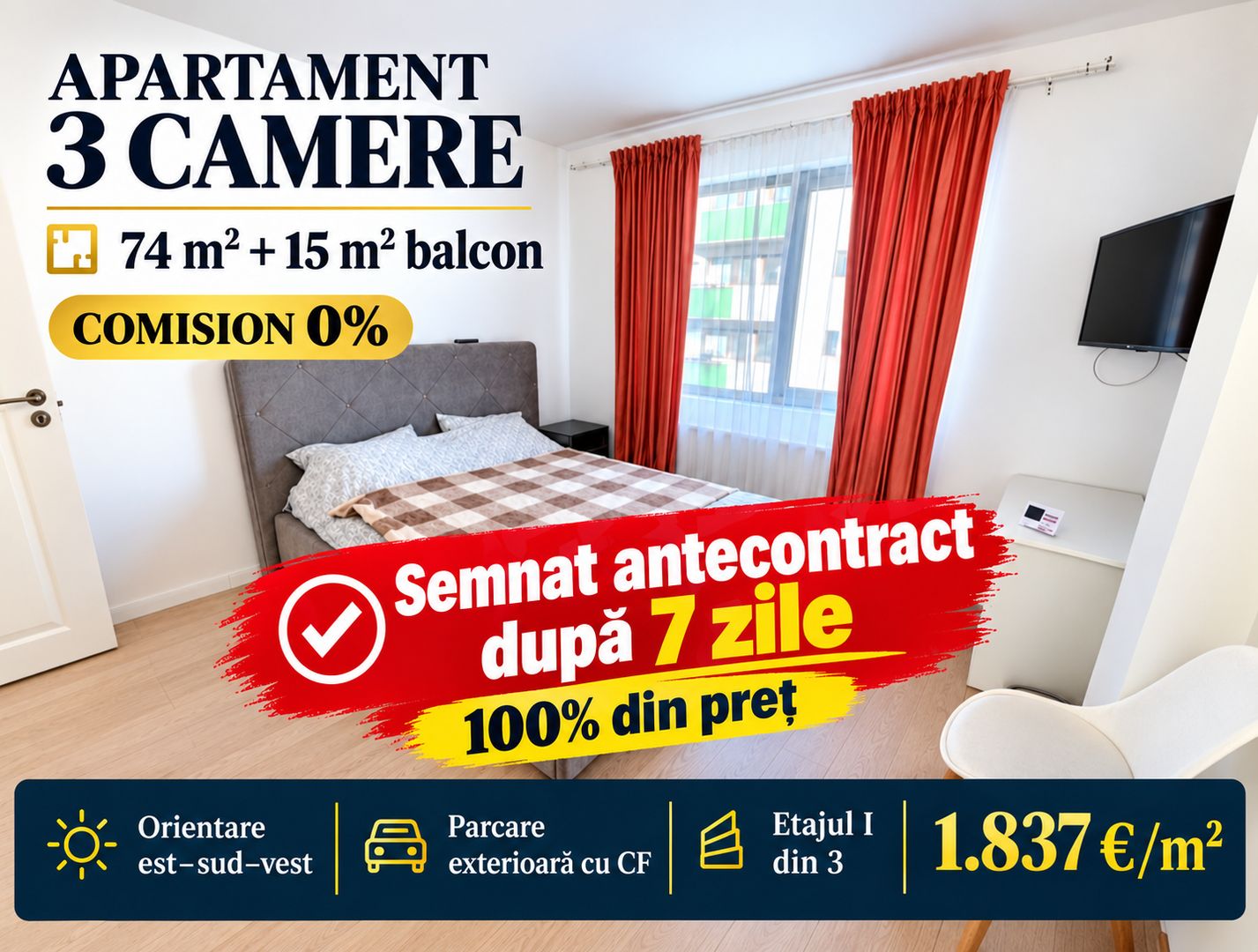 COMISION 0%Apartament 3 camere 74 mp , parcare Floresti str Sub Cetate - Poză 1