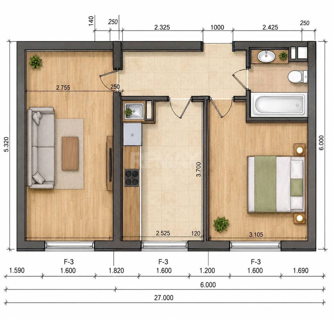 2 dormitoare separate | 48,5 m² | Reparație modernă | Valea Apelor, Codru - Schiță 21