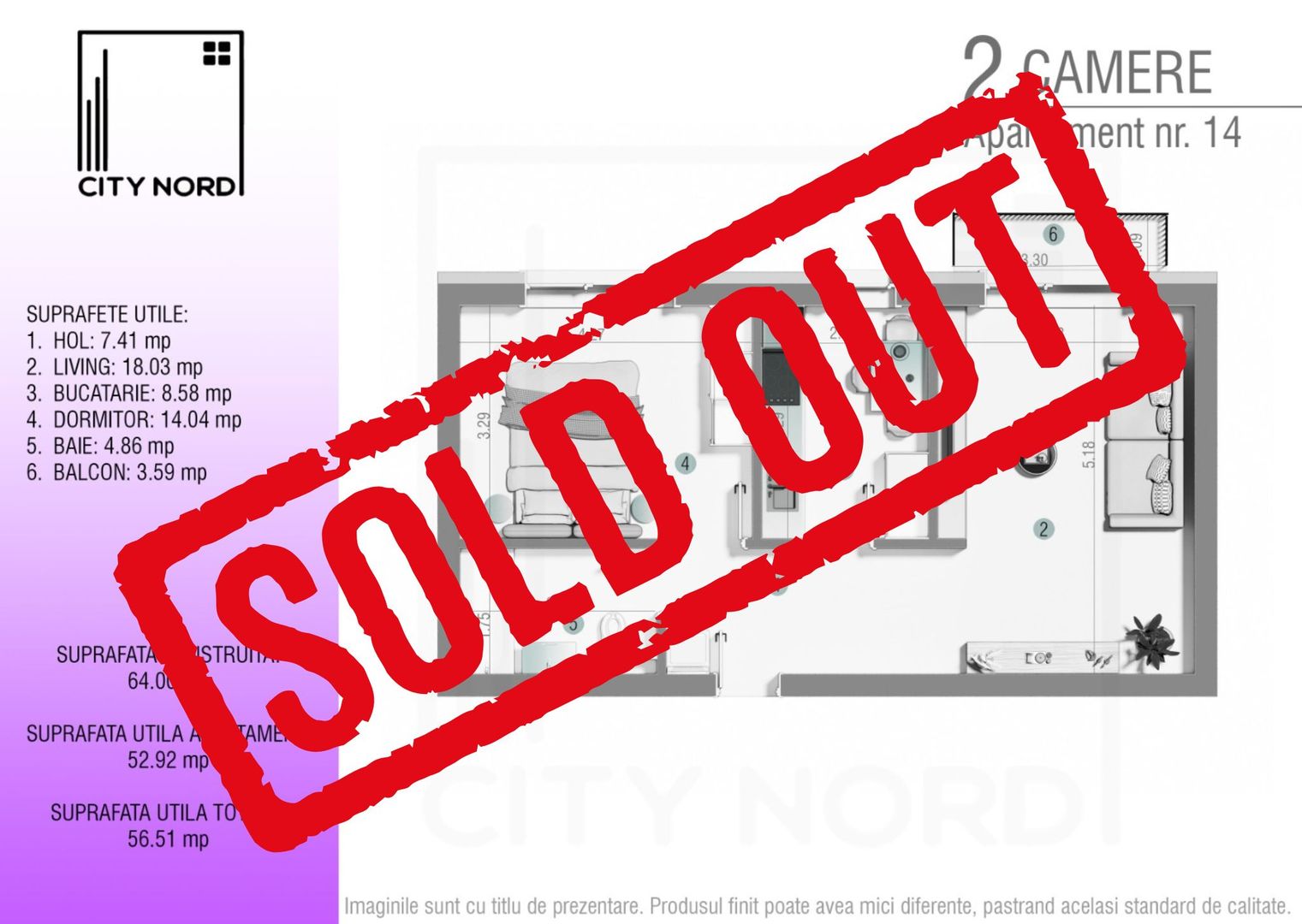 Apartament 14 / 26 – 2 camere – 52.9 mp – Balcon – Etaj 1 / Etaj 2 - Poză 1