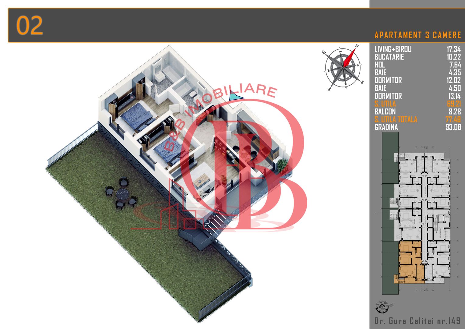 3 camere cu gradina- parcare bonus -  Pallady -  comision 0% - Schiță 1