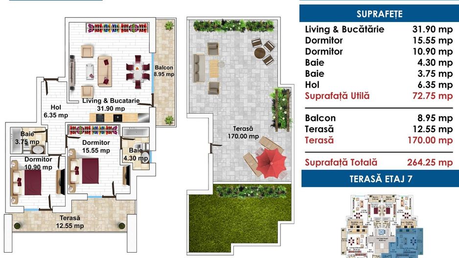BLOC FINALIZAT, PENTHOUSE - 3 CAMERE, 2 BAI, TERASA DE 178MP,  CENTRALA PROPRIE - Poză 8