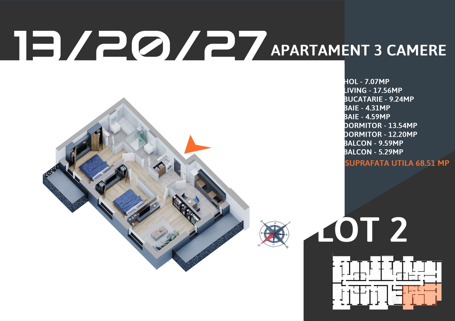 3 camere decomandat -parcare bonus -STB la 7 minute - Schiță 7