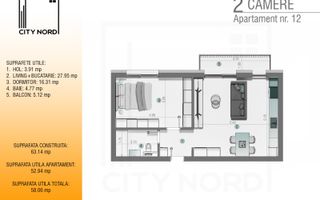 Apartament 12 / 24 – 2 camere – 52.9 mp – Balcon – Etaj 1 / Etaj 2 - Poză 1