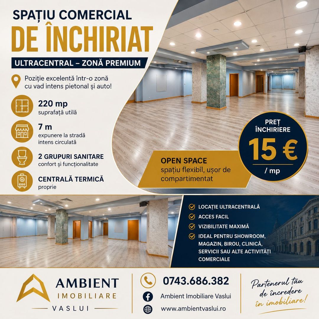 DE INCHIRIAT - SPAȚIU COMERCIAL 220 mp, TRAFIC INTENS, VASLUI - zona CENTRALA; - Poză 1