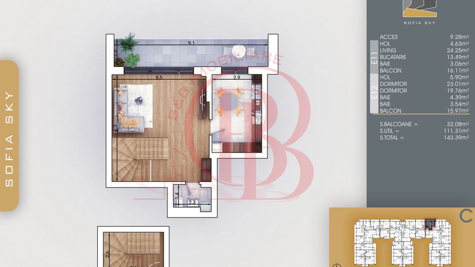 Finalizat-Mutare Rapida la 7min Metrou Duplex 3 camere cu 3 bai - Schiță 2