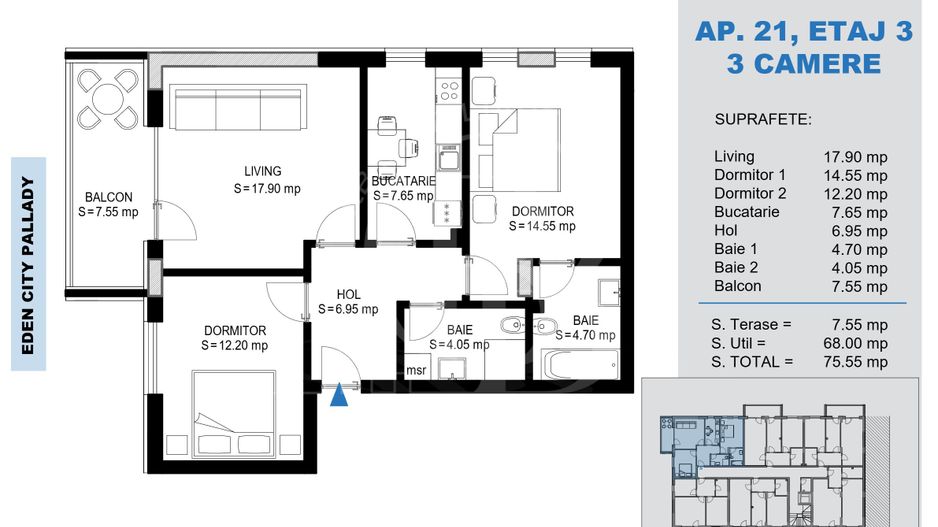 Apartament decomandat 3 Camere -Titan Pallady-Metrou Teclu - Schiță 1