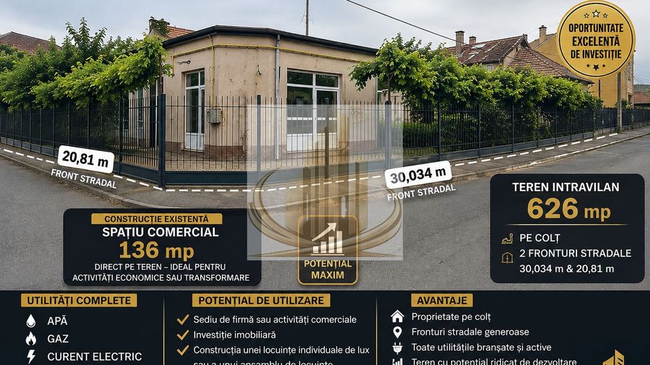Teren intravilan-Spatiu comercial –Blascovici|626 mp|2 fronturi - Poză 1