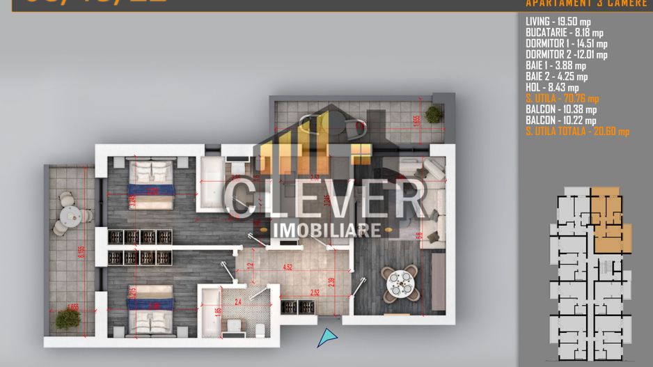 3 Camere, 92 mp, 2 Balcoane 21.78 mp | Pallady | Comision 0% - Poză 2
