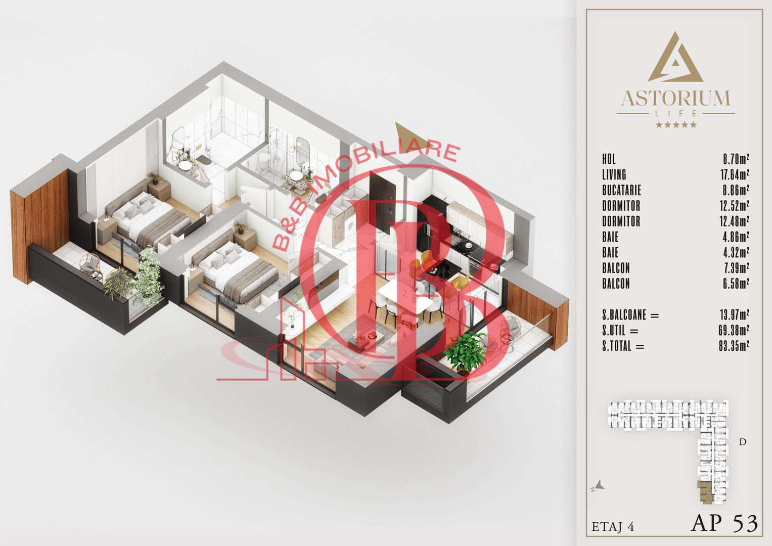 3 camere izolatie fonica intre apartamente proiect premium - Schiță 7