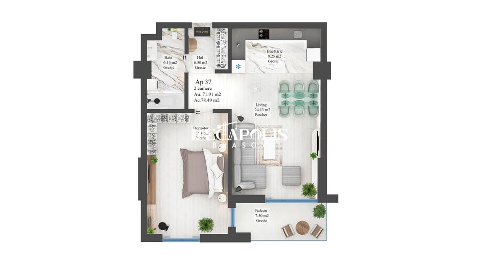 Apartament cu 2 camere | Noua | 68 mp Utili - Poză 4
