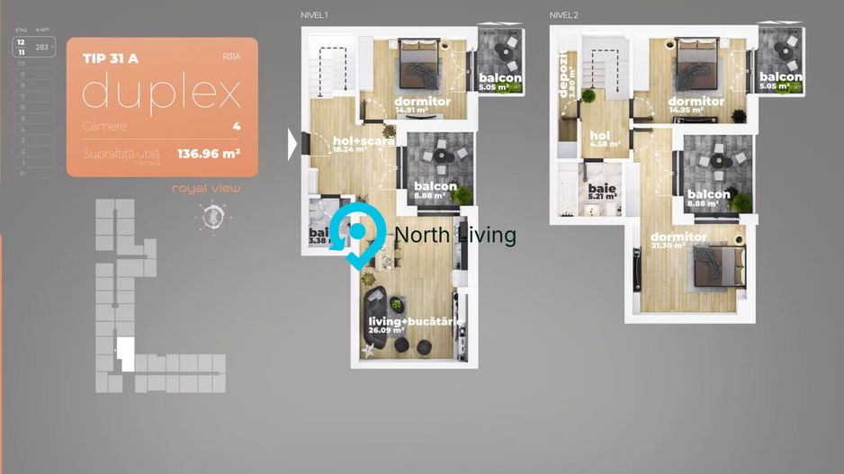Duplex 4 camere, 91 mp + 38 mp terase, Sun Royal View - Piața Sudului - Poză 11