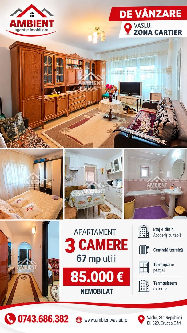 Apartament cu 3 camere, etaj 4, VASLUI - zona CARTIER; - Poză 1