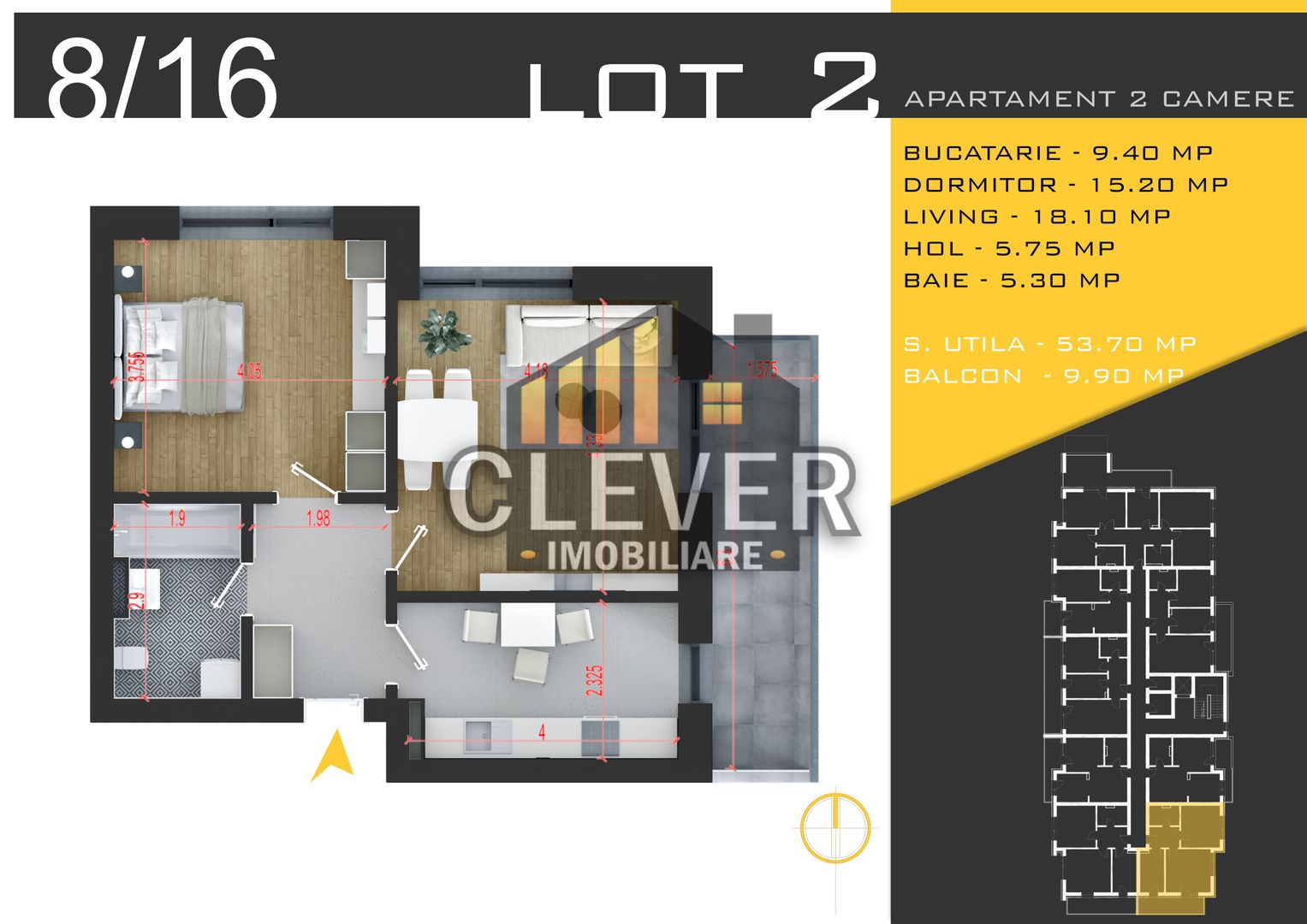 2 camere | 63,60 mp total | Balcon 9,90 mp | Comision 0% - Poză 3