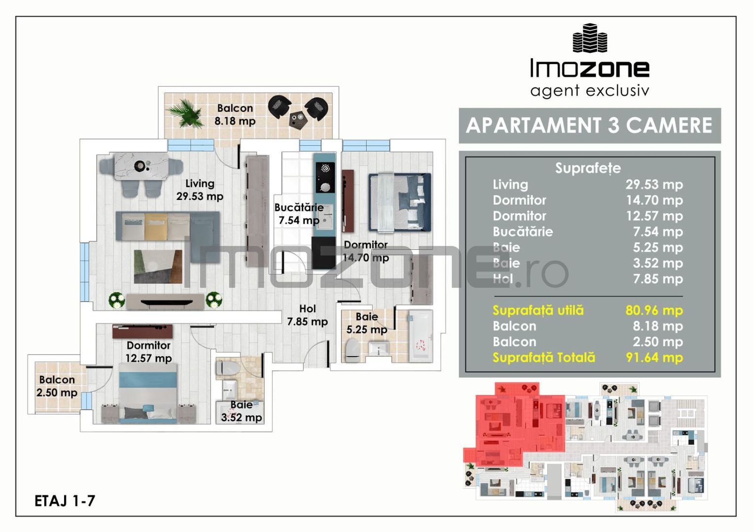 Apartament cu 3 Camere, Bucatarie Inchisa, 2 Bai, Doua Balcoane, langa Metrou - Schiță 23