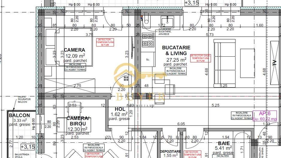 Apartament cu 3 cam la Etajul 1-2 balcoane, finisat la CHEIE - Schiță 7