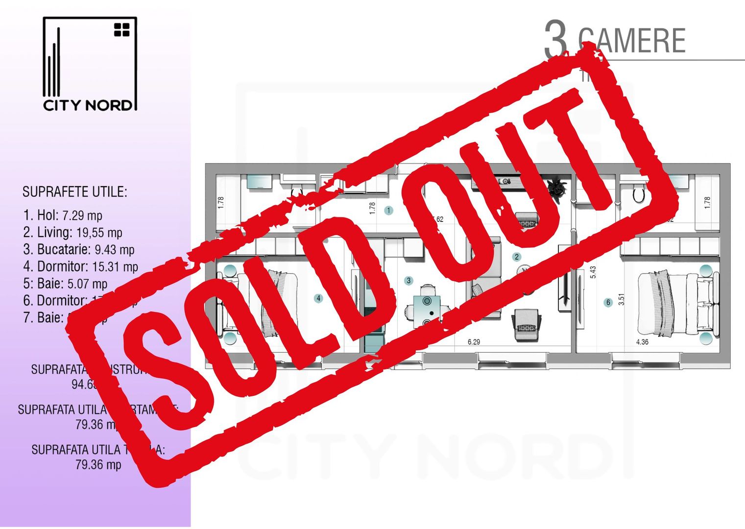 Apartament 3 camere – 80 mp utili (Parter/3) - Poză 1