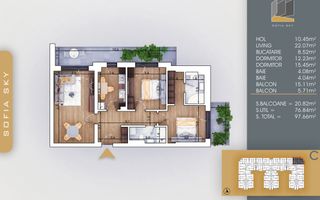 3 camere decomandat  Titan Pallady 700 metri Metrou N. Teclu - Schiță 7