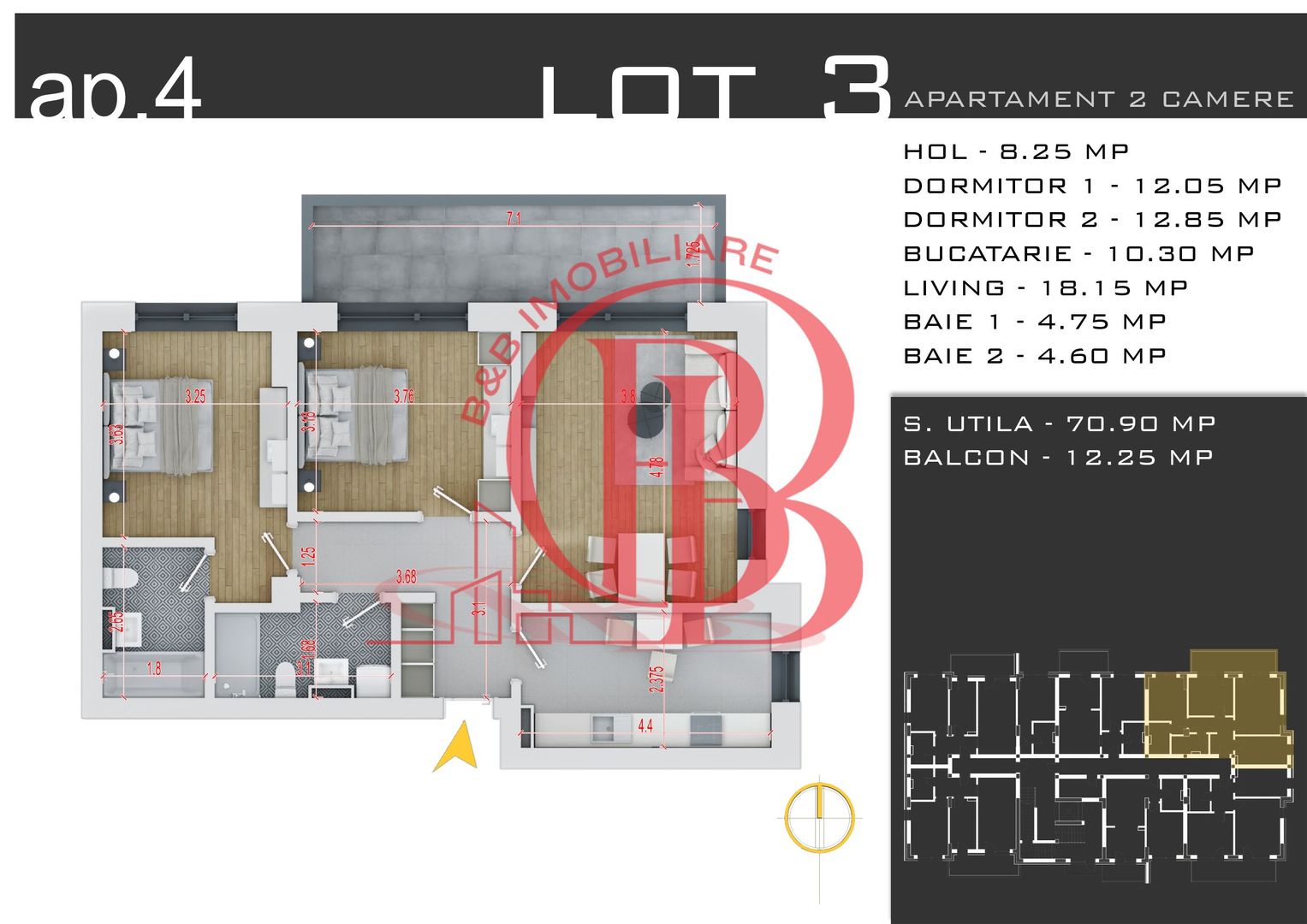 3 camere -parcare inclusa - proiect nou -Pallady - Schiță 14