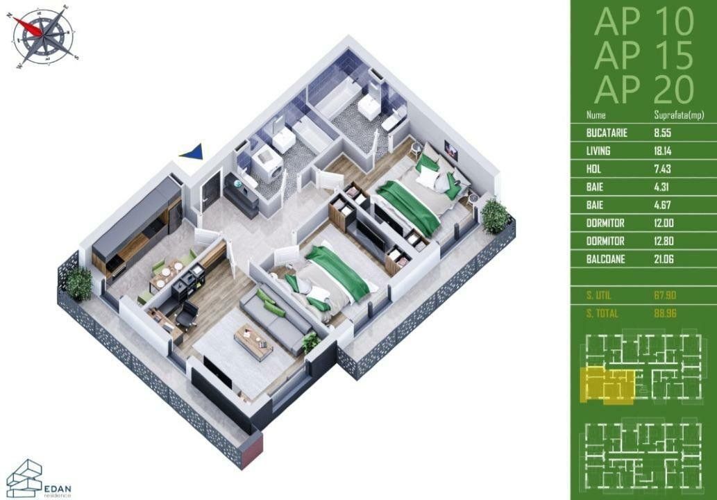 Apartament 3 camere | Ozana | Bloc nou | Nemobilat - Poză 12