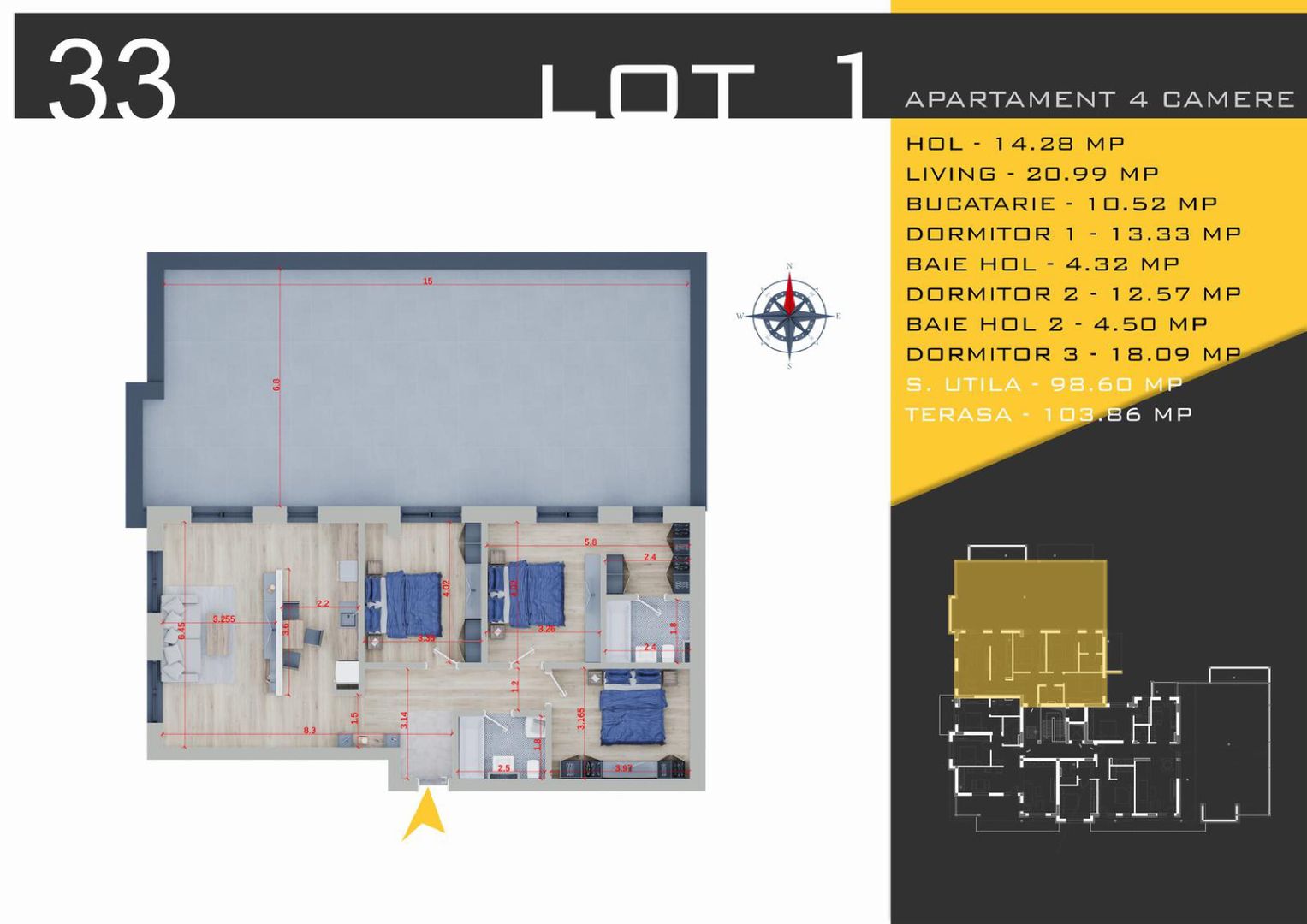 4 camere cu terasa de 100/mp  -parcare gratuita - Schiță 10