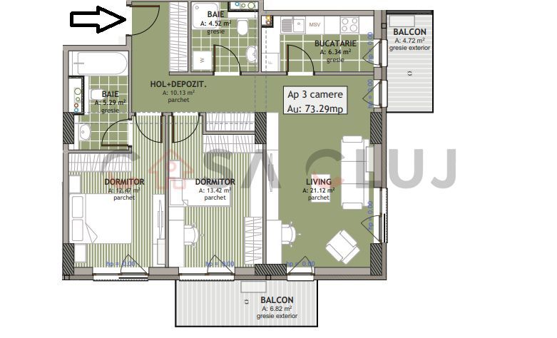 Apartament 3 Camere, 73mp + Balcon 12mp, Semifinisat – Zona Rivus-Mall - Poză 2
