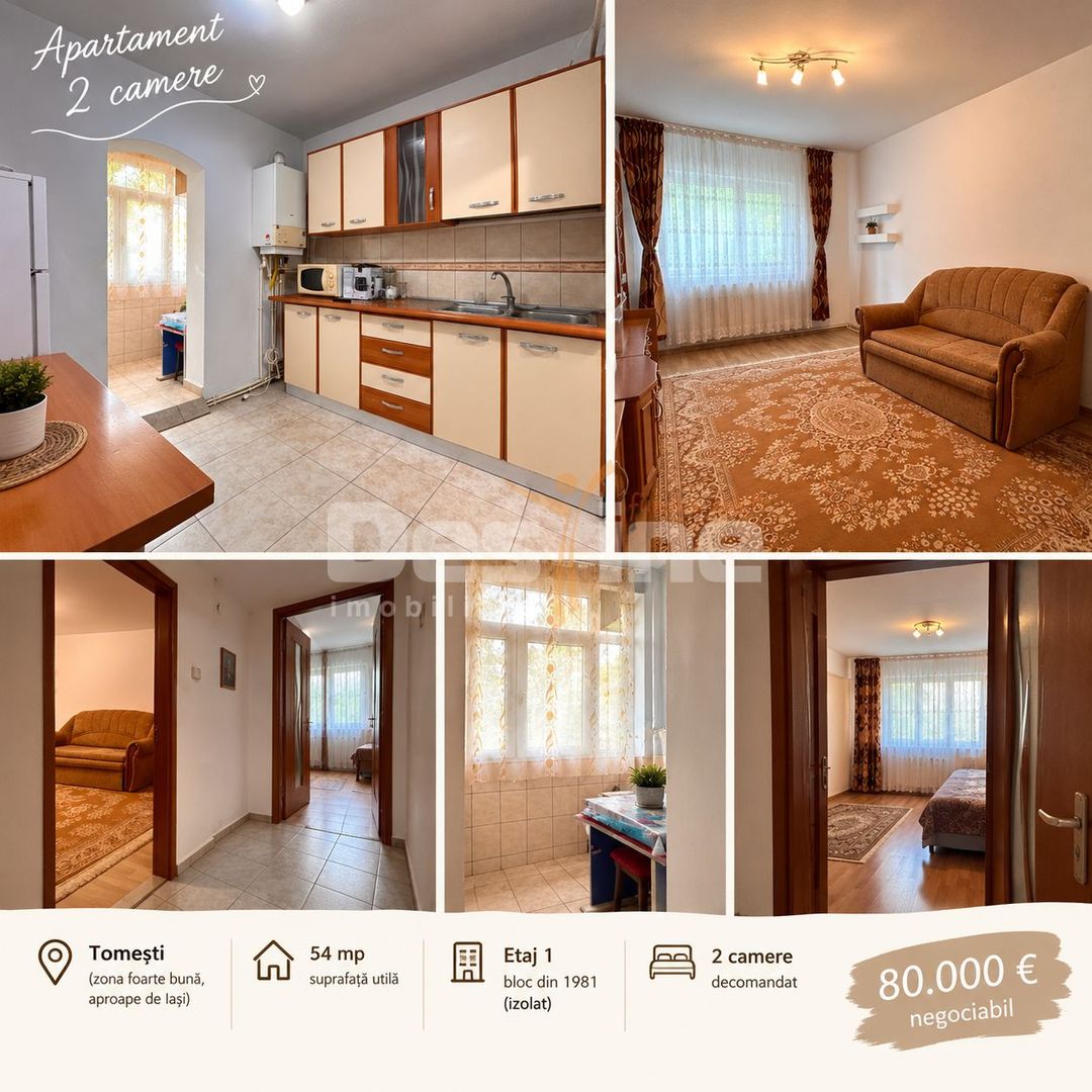 Apartament 2 camere decomandat, 54 mp, etaj 1 – Tomești - Poză 1