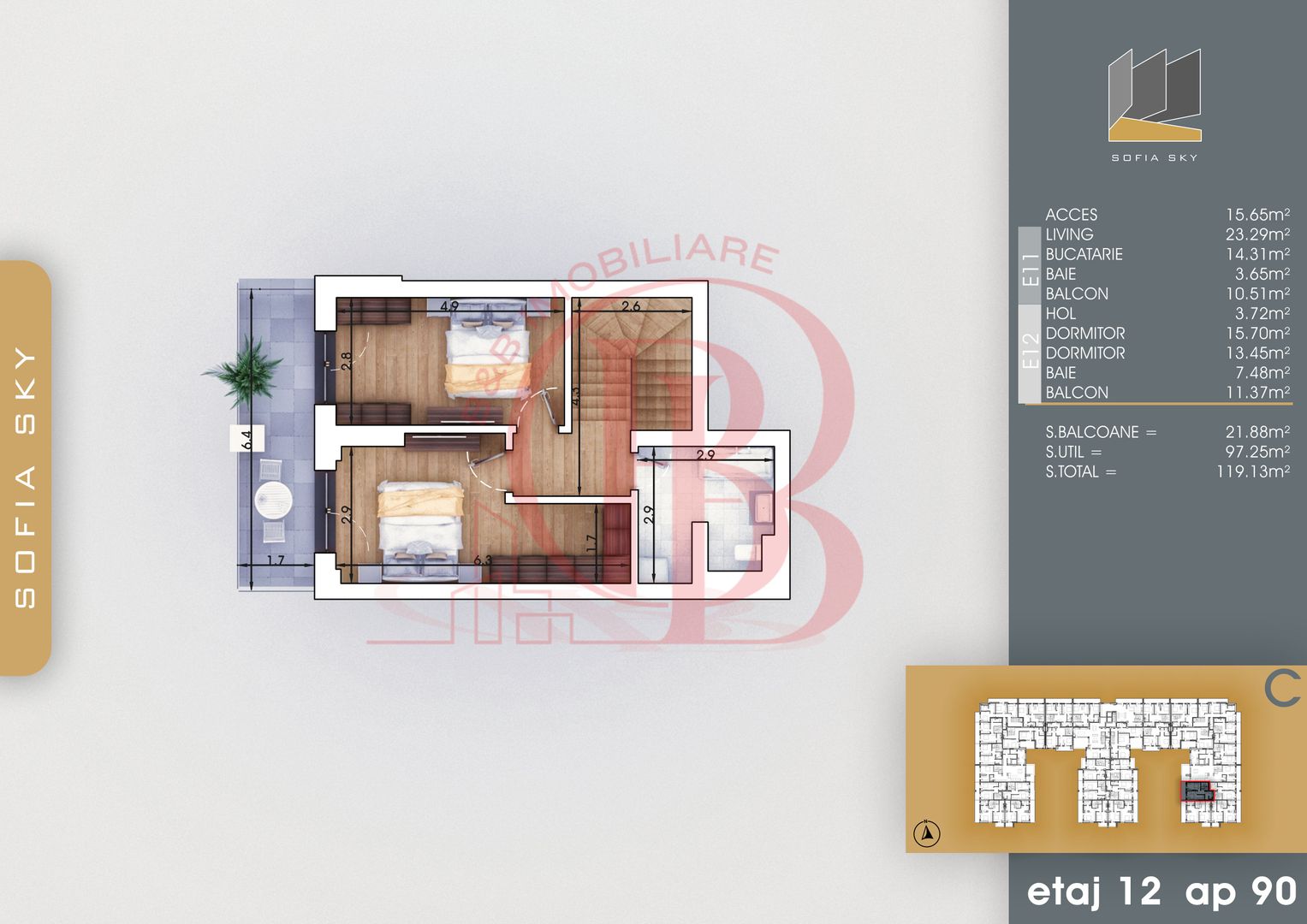 Duplex 3 camere cu Parcare Gratis | Bucatarie Inchisa 14mp - Schiță 5
