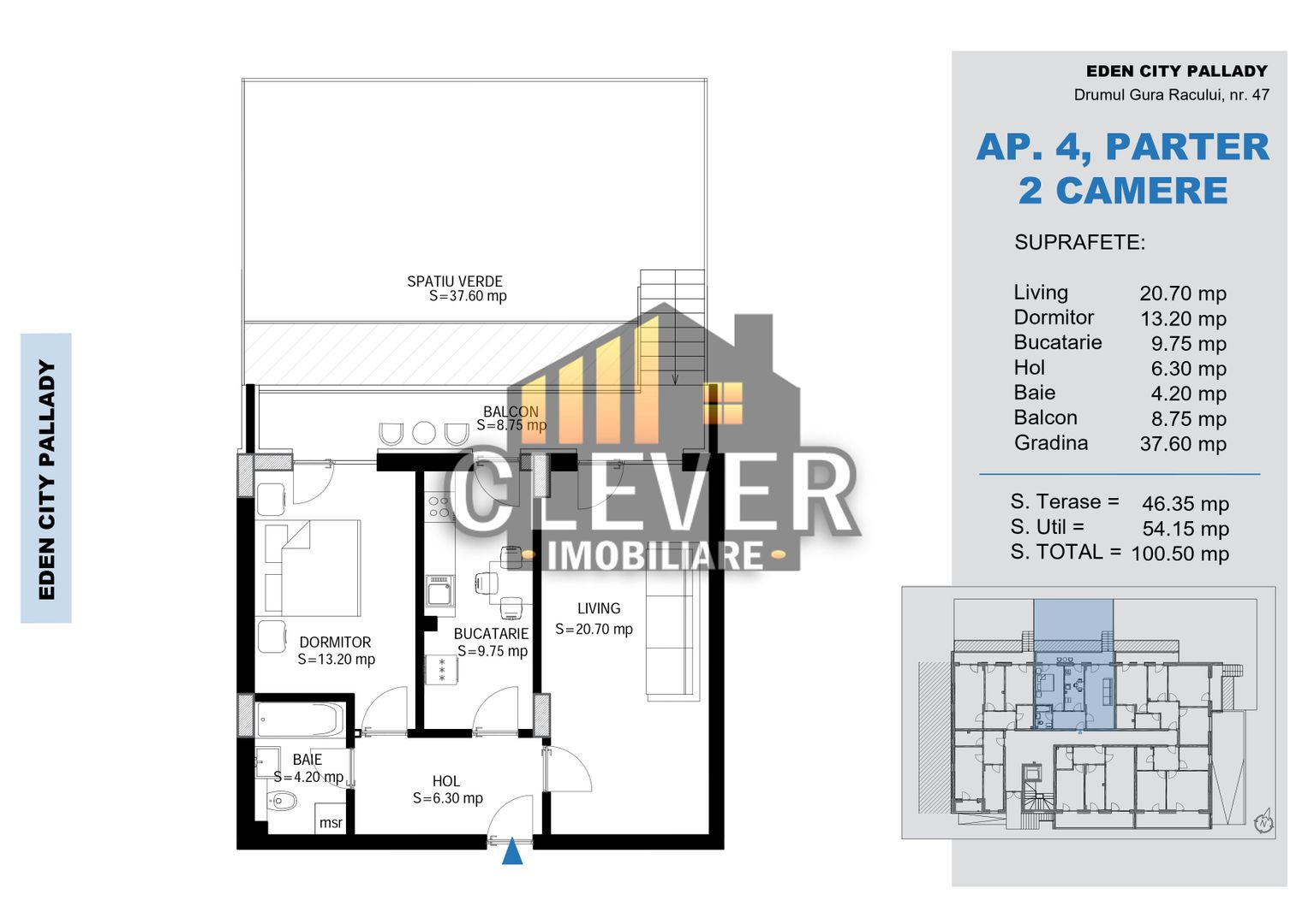 2 Camere cu Grădină 37 mp | Pallady | Încălzire Pardoseală - Schiță 8