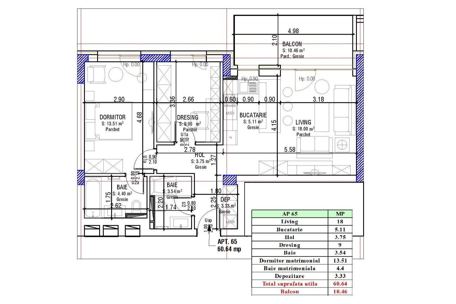 Apartament 2.5 Camere Sala Polivalentă | 61 mp Util + 10 mp Balcon - Schiță 11
