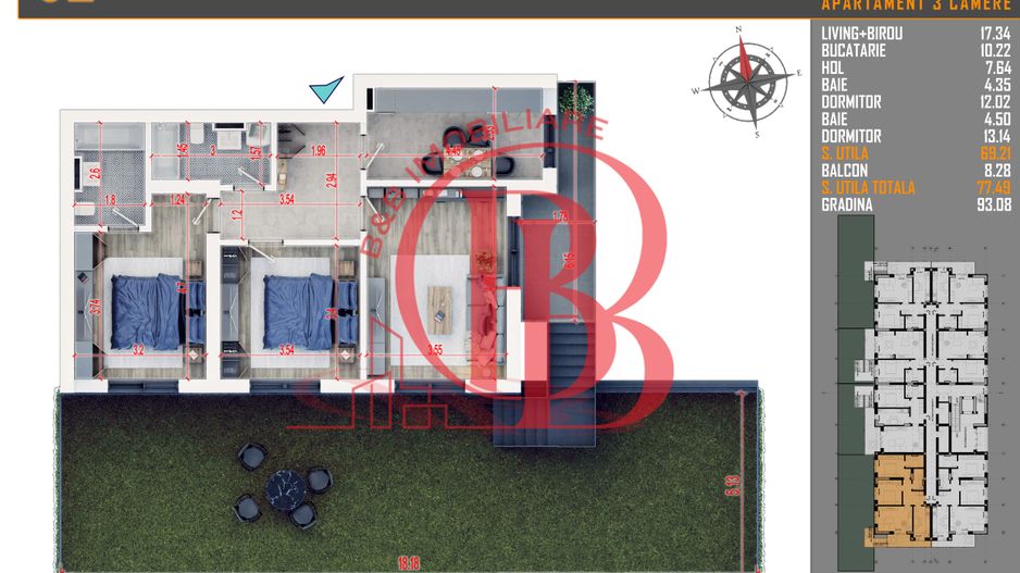 3 camere cu gradina- parcare bonus -  Pallady -  comision 0% - Schiță 7