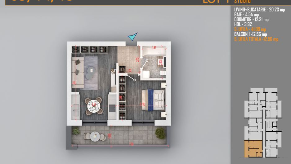 APARTAMENT 2 CAMERE TIP STUDIO CU INCALZIRE IN PARDOSEALA - Poză 5