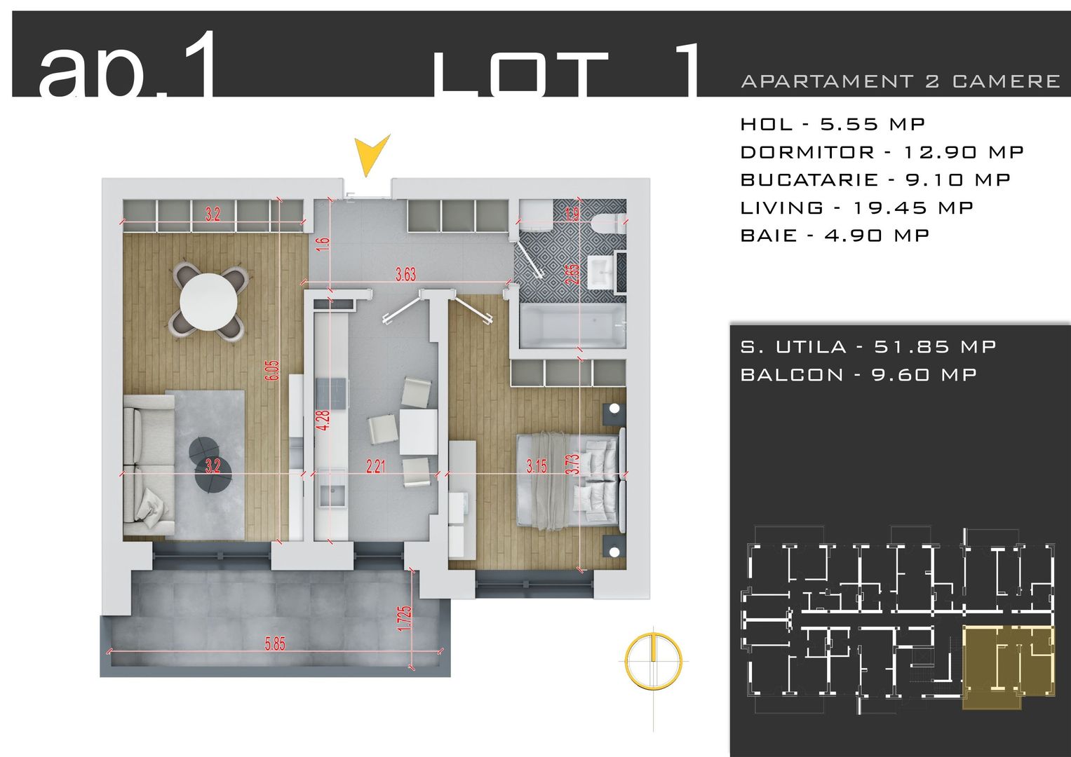 2 camere decomandat -parcare inclusa -Pallady - Schiță 12