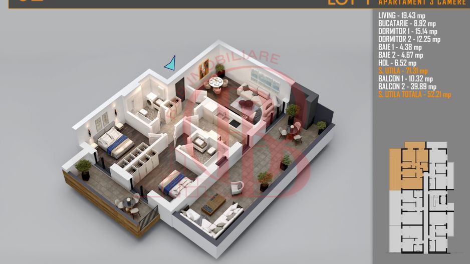 Apartament 3 camere Cu terasa Generoasa-Titan Th. Pallady - Schiță 2