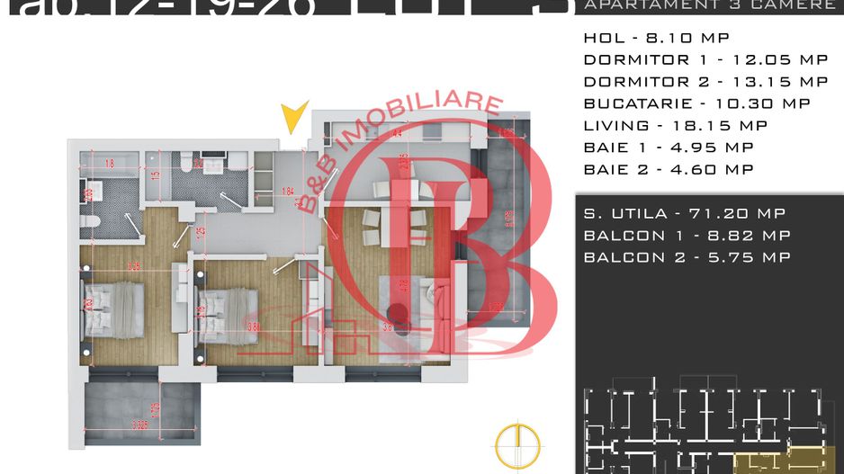Apartament 3 camere-Promotie Parcare-Theodor Pallady - Schiță 1