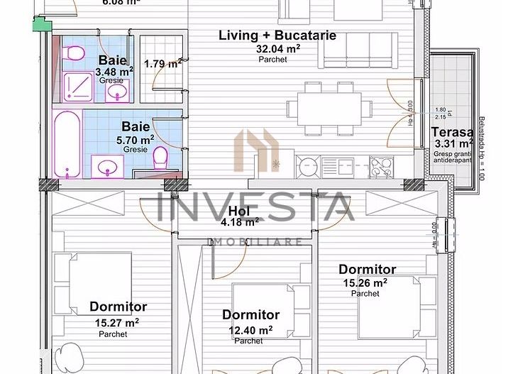 Apartament 4 camare, 96 mp utili si 2 terase, bloc nou, zona Marasti! - Schiță 2