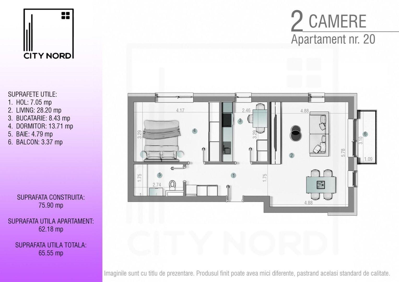 Apartament 20 / 32 – 2 camere – 62.2 mp – Balcon – Etaj 1 / Etaj 2 - Poză 1