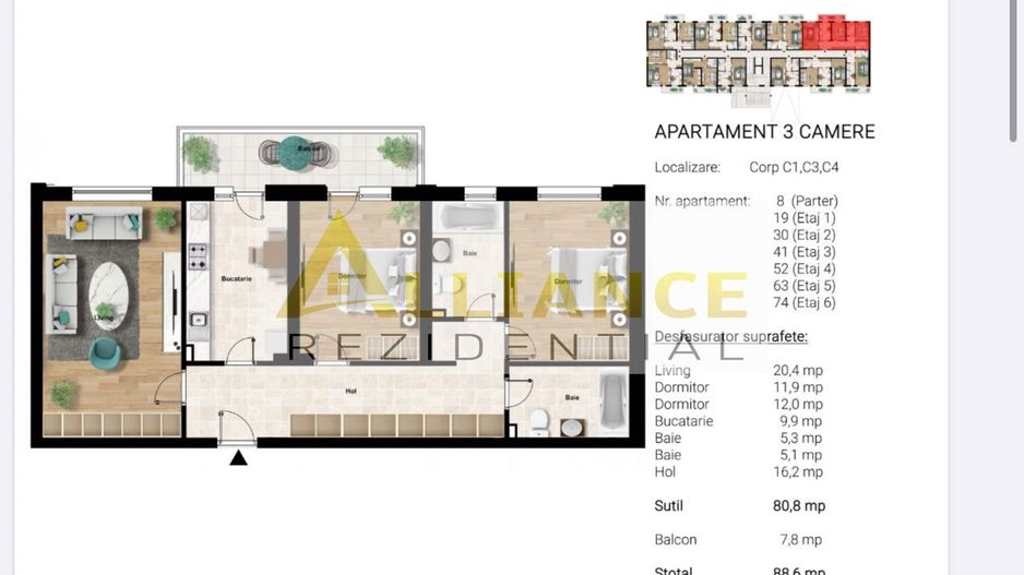 [Metrou Berceni] Apartament 3 camere - 2 bai | Decomandat | 88 mp - Schiță 6