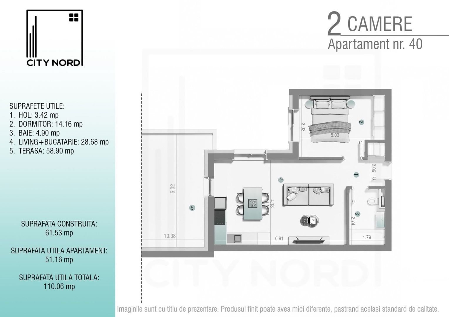 Apartament 40 – 2 camere – 51.2 mp – Terasă – Etaj 3R - Poză 1