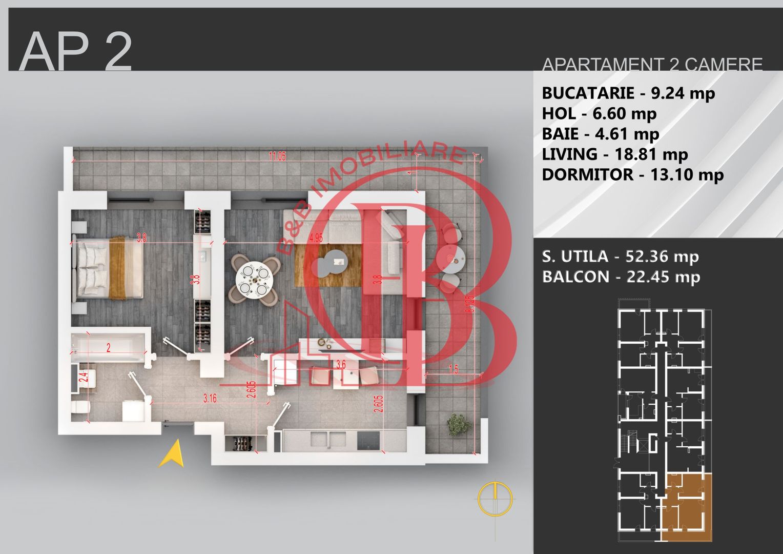Apartament 2 camere bloc boutique Theodor Pallady - Schiță 2
