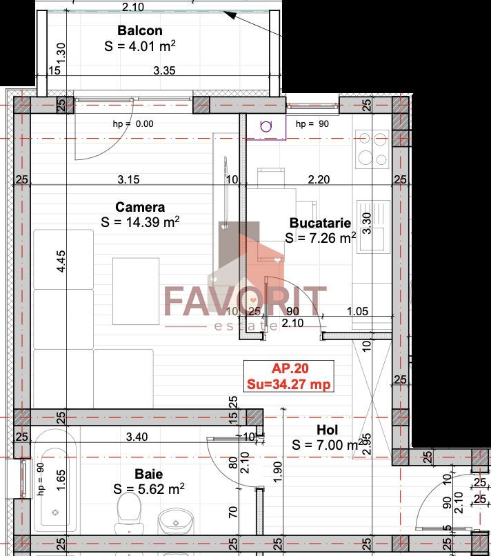 Apartament 1 camera | Decomandat | Loc de parcare inclus in pret - Schiță 8