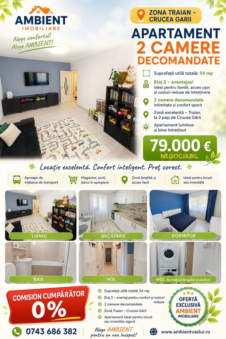 Apartament cu 2 camere, ETAJ 2, mobilat și utilat, VASLUI - zona CRUCEA GĂRII; - Poză 1