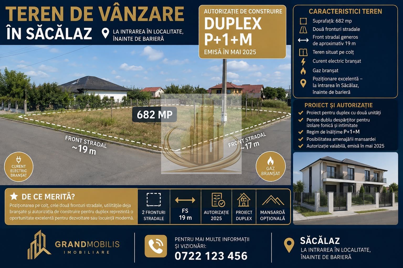 Săcălaz | Teren 682 mp | Proiect + Autorizație Duplex | 2 Fronturi - Poză 1