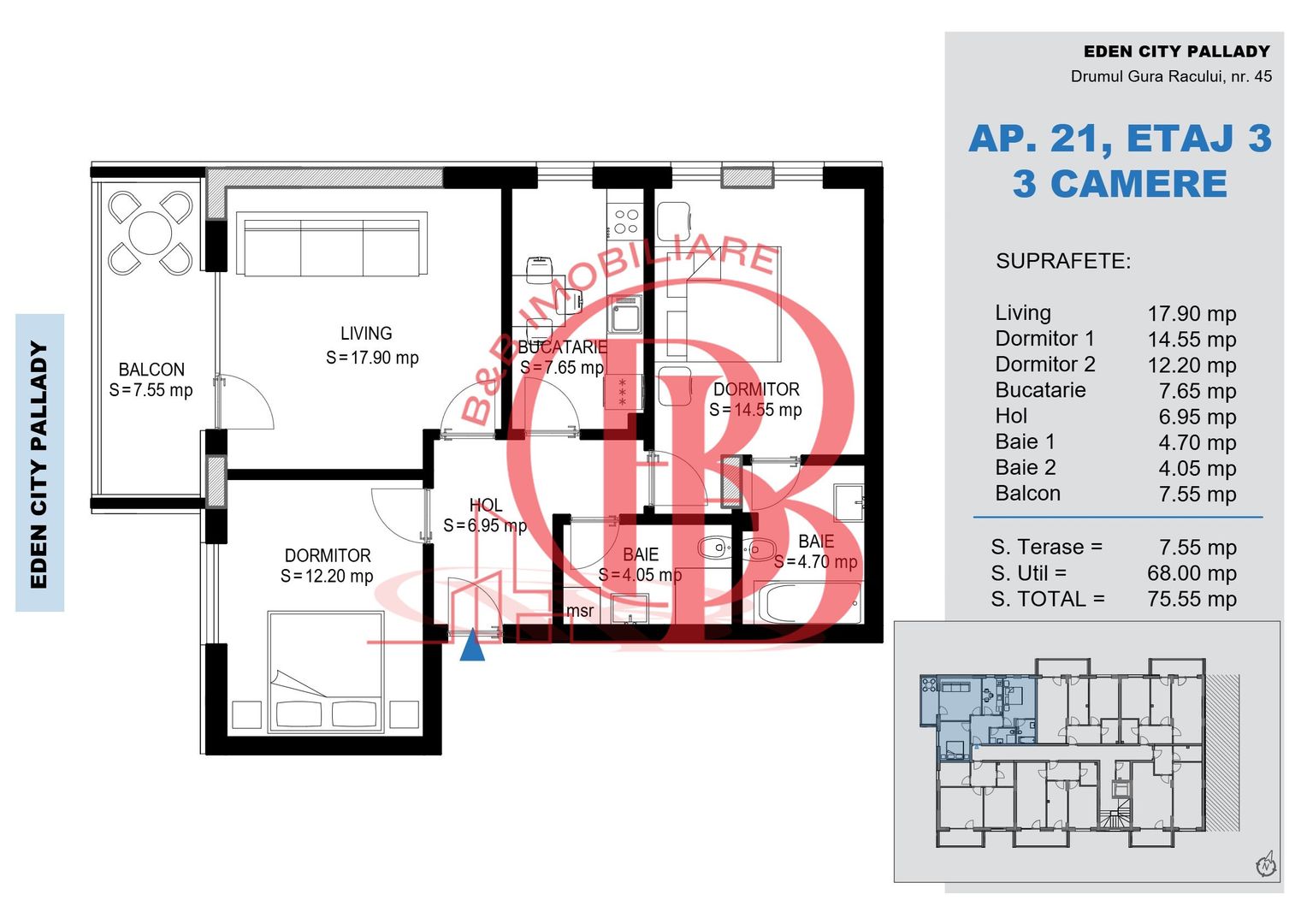 Apartament decomandat 3 Camere -Titan Pallady-Metrou Teclu - Schiță 1
