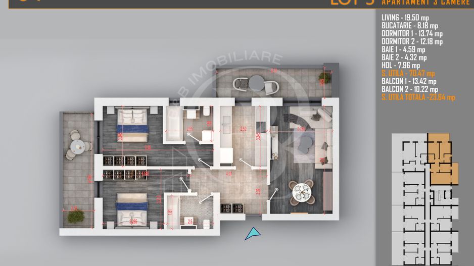Apartament 3 camere Titan Th. Pallady-Sector 3-Metrou Teclu - Schiță 2