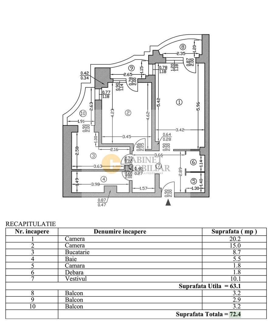 2 Camere Decomandat | Bulevardul Unirii | 3 balcoane | 72mp total - Schiță 18
