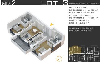 3 camere -parcare inclusa - proiect nou -Pallady - Schiță 13