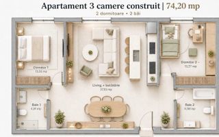 Apartament 3 camere, 74 MPU, zona Dumul Cetatii. - Poză 1
