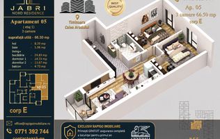 Apartament 05, Corp E – 3 camere | 66,50 mp | Jabri Nord Residence
